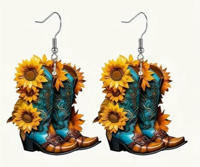 Blue Sunflower Boot Earrings