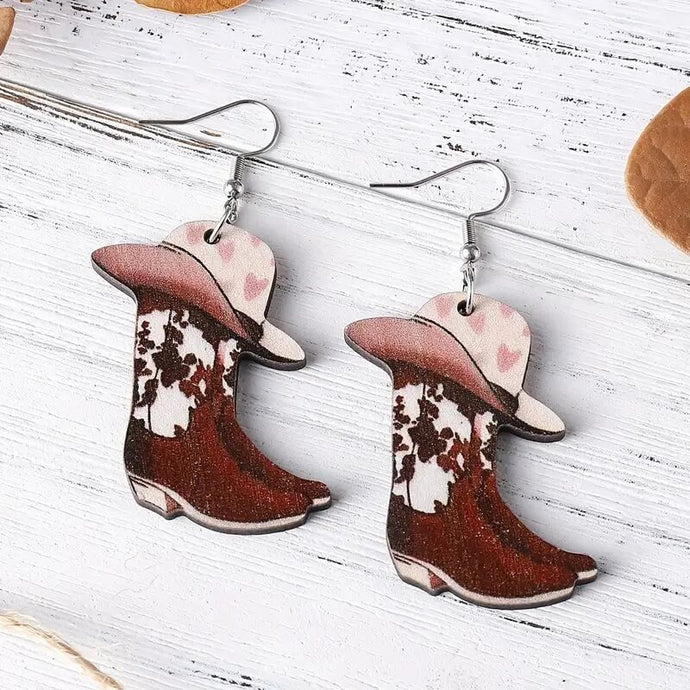 Cowprint Pink Hat Boot Earrings