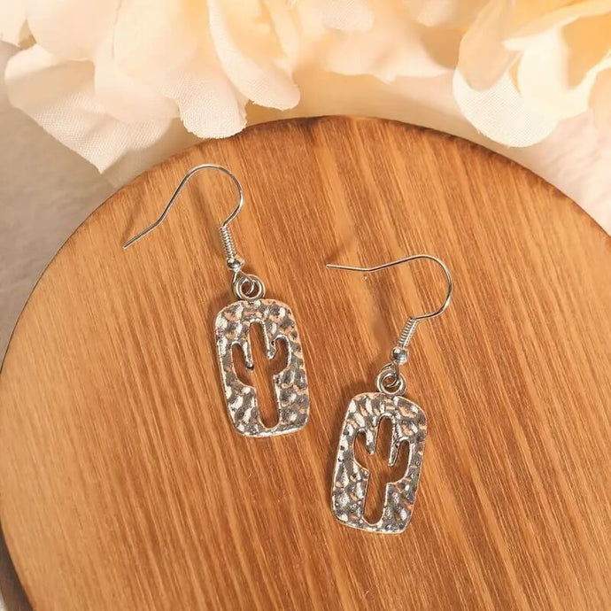 Silver Dangle Cactus Earrings